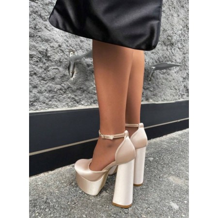 CHAUSSURES FEMME TALONS HAUTS PLATFORM SATIN SOIREE MARIAGE MISS MERRY NUDE BEIGE