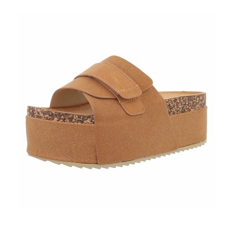 CHAUSSURES FEMME SANDALES DOUBLE PLATFORMS SLIDERS CAMEL