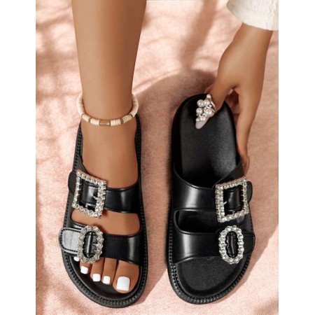 Sandales noires à boucles Strass – Élégance urbaine & confort absolu