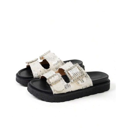 Sandales plates Glitter blanc à doubles boucles strass – Confort et glamour