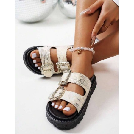 Sandales plates Glitter blanc à doubles boucles strass – Confort et glamour