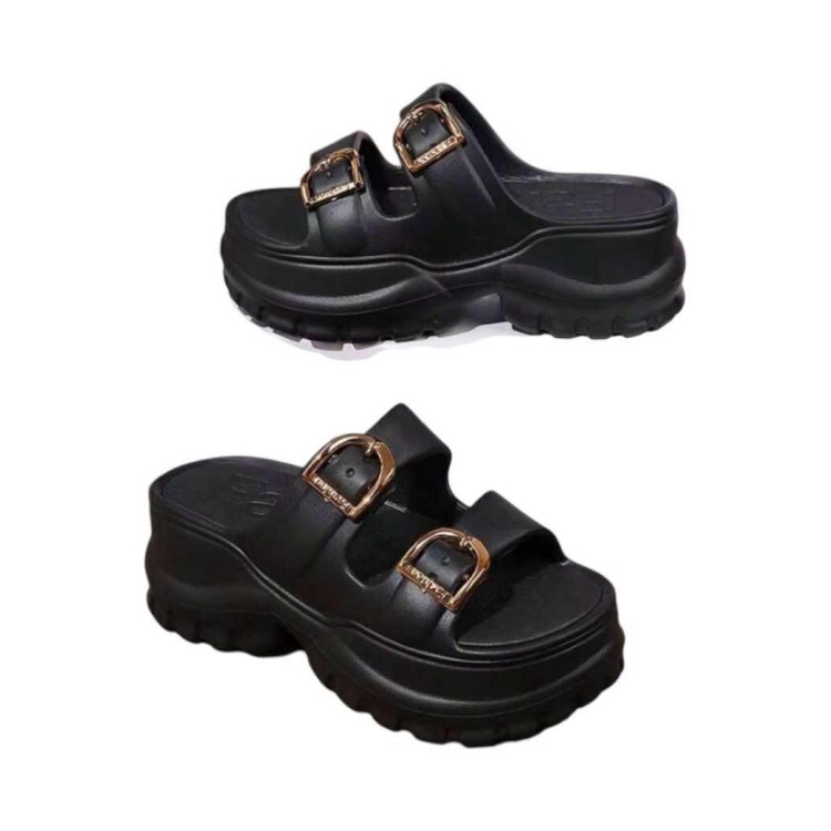 Sandales à plateforme noir avec boucles dorées – Style chunky tendance