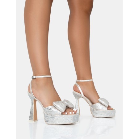 CHAUSSURES FEMME TALON HAUT PLATFORM STRASS SATIN NOEUD MISS MARRY ME BLANC