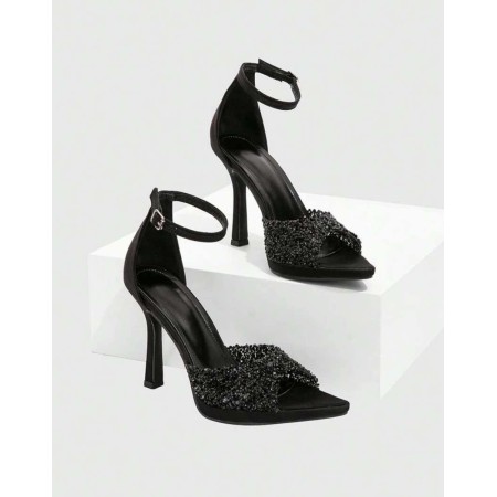 Sandales noir à talon aiguille et strass – Élégance glamour Miss Cooper Noir