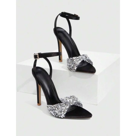 Sandales noir à talon aiguille et strass – Élégance glamour Miss Cooper Noir Argent