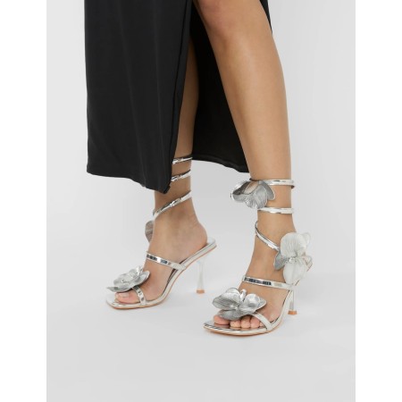 Sandales à talons argentées avec fleurs 3D – MissKcy