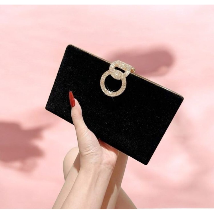 Pochette de soirée rigide noire – Anneau doré chic