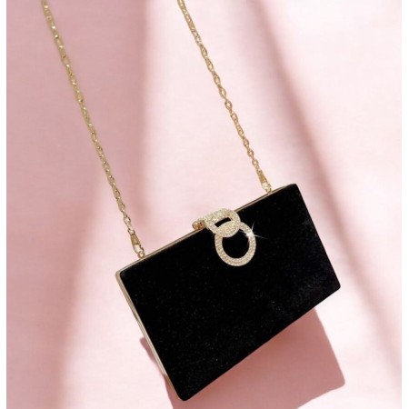 Pochette de soirée rigide noire – Anneau doré chic