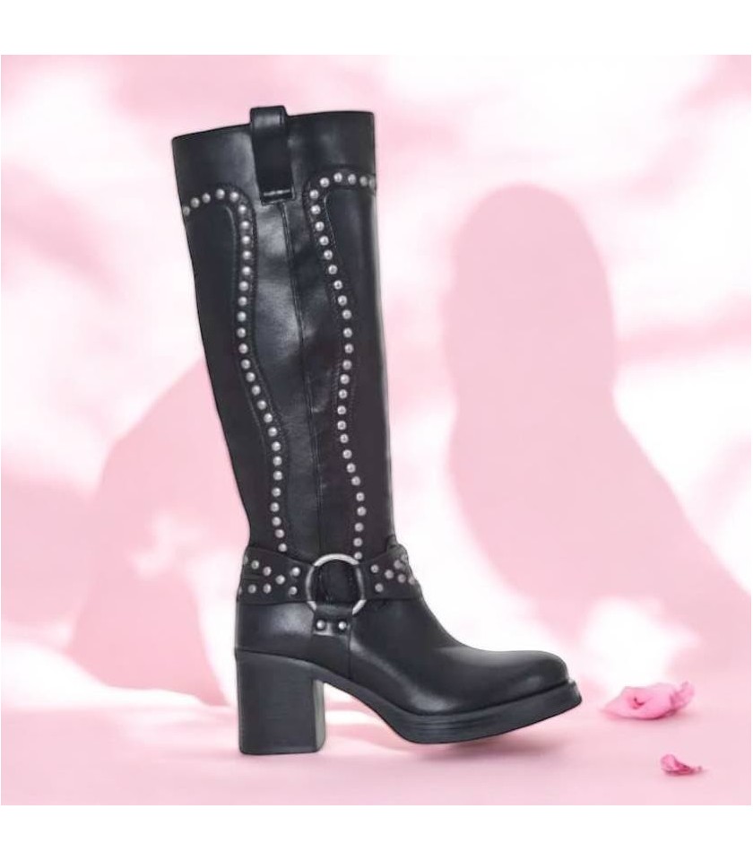 CHAUSSURES FEMME BOTTES MI HAUTES TALON CLOUTEES MISS WADE NOIR