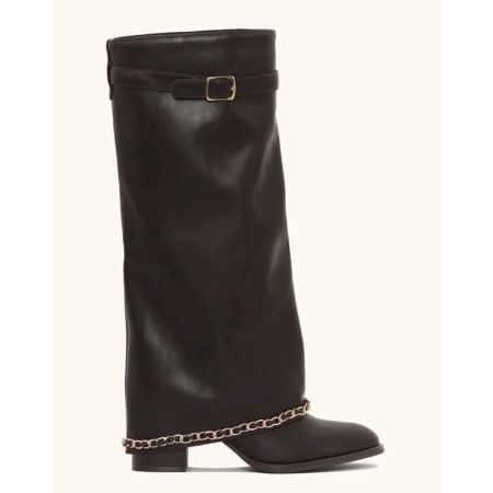 BOTTES HAUTES CHAUSSURES FEMME A REVERS AVEC DETAILS CHAINETTE DOREE MISS MARINA MARRON