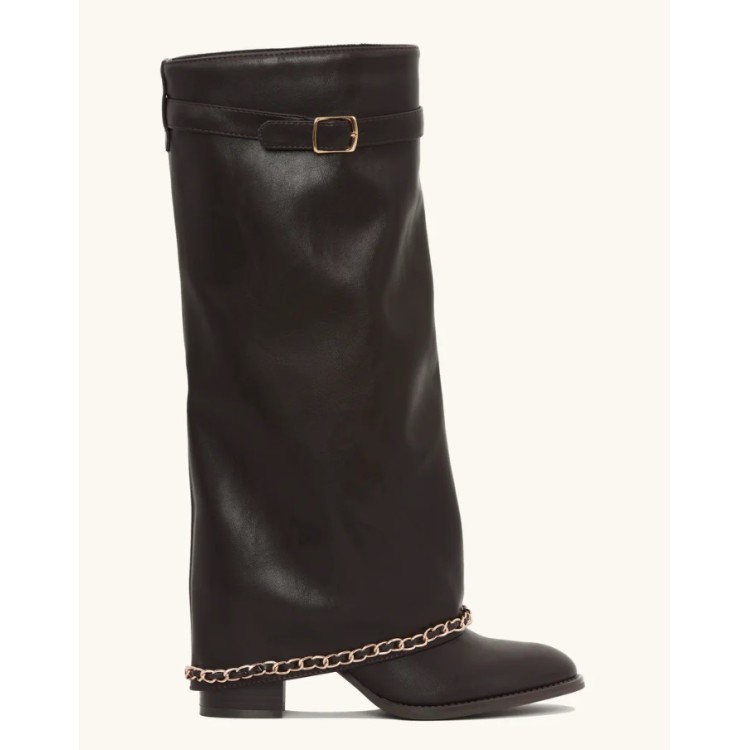 BOTTES HAUTES CHAUSSURES FEMME A REVERS AVEC DETAILS CHAINETTE DOREE MISS MARINA MARRON