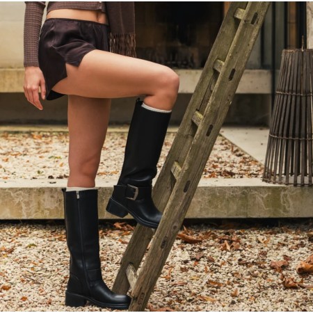 CHAUSSURES FEMME BOTTES CAVALIERE NOIR BOUCLE ARGENT