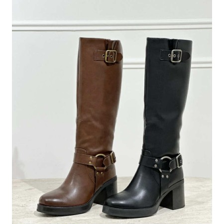 CHAUSSURES FEMME BOTTES NOIRE FEMME À TALON BLOC – STYLE ROCK CHIC AVEC BOUCLES MÉTAL
