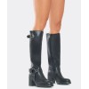 CHAUSSURES FEMME BOTTES NOIRE FEMME À TALON BLOC – STYLE ROCK CHIC AVEC BOUCLES MÉTAL