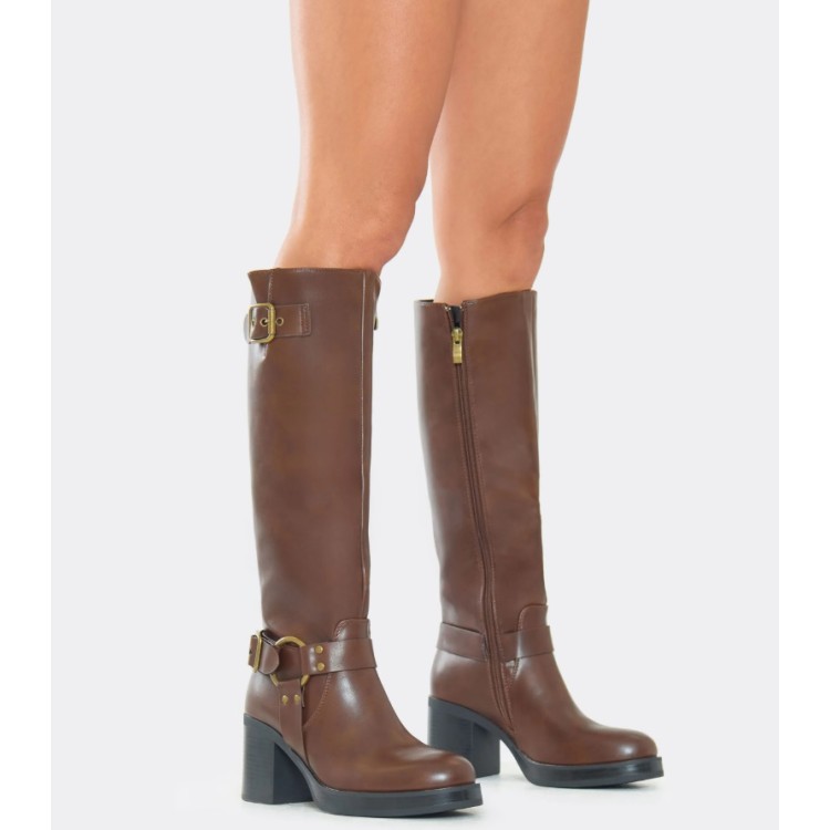 CHAUSSURES FEMME BOTTES MARRON FEMME À TALON BLOC – STYLE ROCK CHIC AVEC BOUCLES MÉTAL