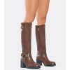 CHAUSSURES FEMME BOTTES MARRON FEMME À TALON BLOC – STYLE ROCK CHIC AVEC BOUCLES MÉTAL