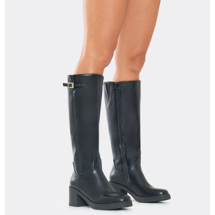 BOTTES MONTANTES TALON CARRE NOIR BOUCLE MISS ANAE