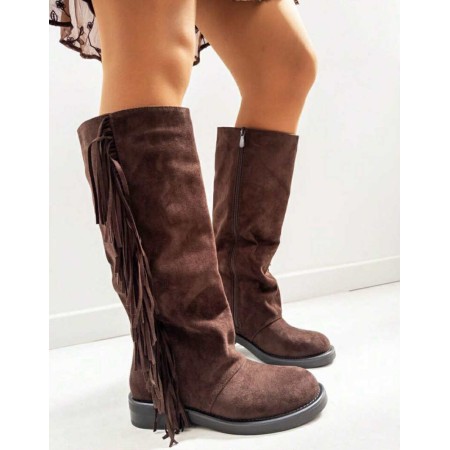 BOTTES HAUTES PLATES EN SUÉDINE AVEC FRANGES STYLE BOHÈME CHIC MISS CHICA MARRON