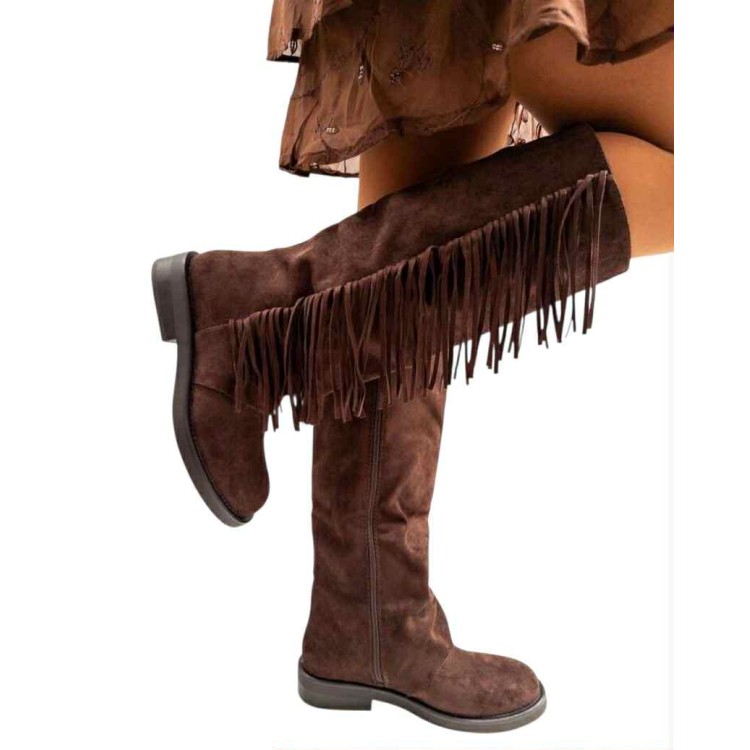 BOTTES HAUTES PLATES EN SUÉDINE AVEC FRANGES STYLE BOHÈME CHIC MISS CHICA MARRON