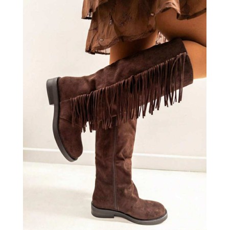 BOTTES HAUTES PLATES EN SUÉDINE AVEC FRANGES STYLE BOHÈME CHIC MISS CHICA MARRON
