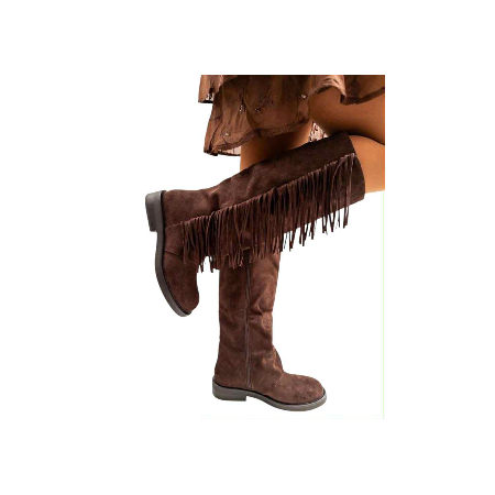 BOTTES HAUTES PLATES EN SUÉDINE AVEC FRANGES STYLE BOHÈME CHIC MISS CHICA MARRON