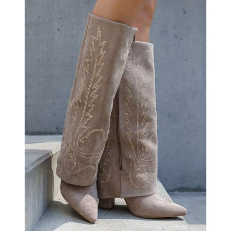 BOTTES HAUTES WESTERN FEMME – BRODERIE ÉLÉGANTE, BOUT POINTU ET TALON CONFORTABLE MISS BRENDA TAUPE