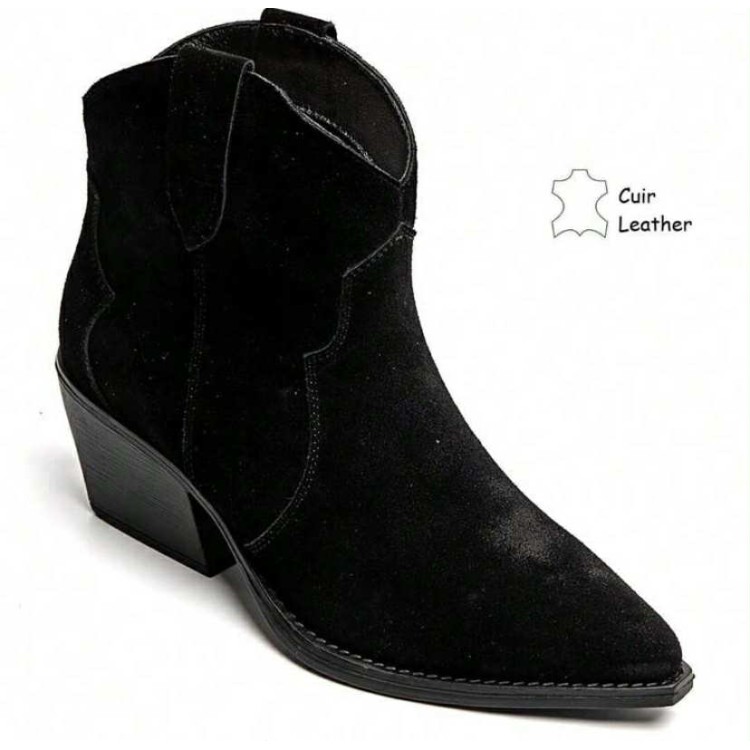 BOOTS WESTERN FEMME EN CUIR SUÉDÉ – STYLE COWBOY CHIC MISS MARINA NOIR