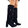 Bottes hautes en daim femme – Talon carré confortable – Beige, Noir