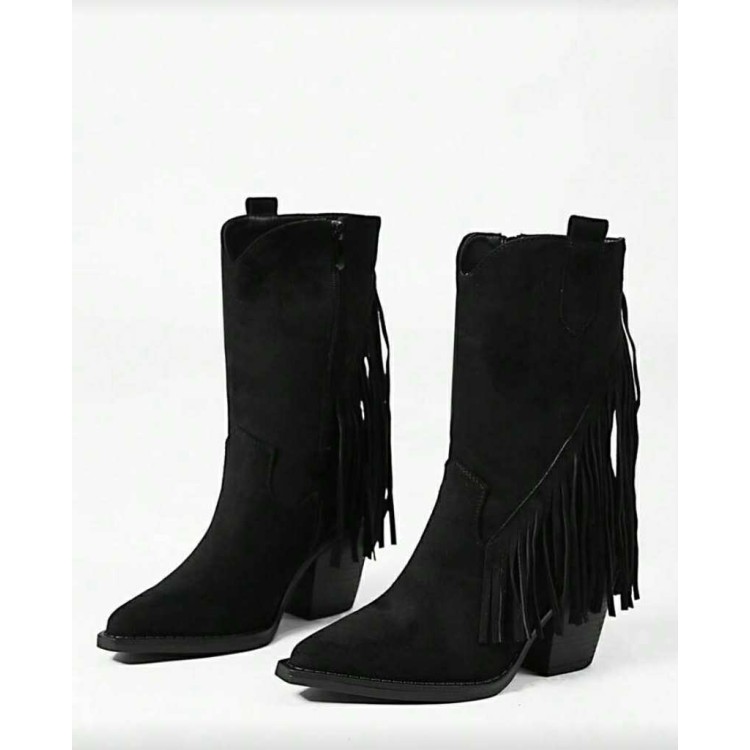 Bottes western daim femme à franges – Talon carré