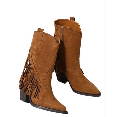 Bottes western daim femme à franges – Talon carré