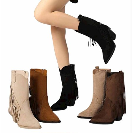 Bottes western daim femme à franges – Talon carré