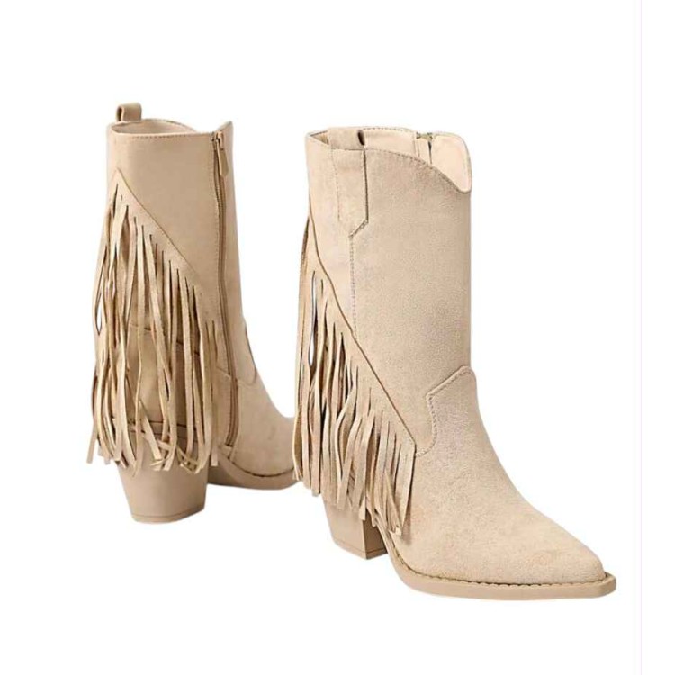 Bottes western daim femme à franges – Talon carré Bottes western daim femme à franges – Talon carré