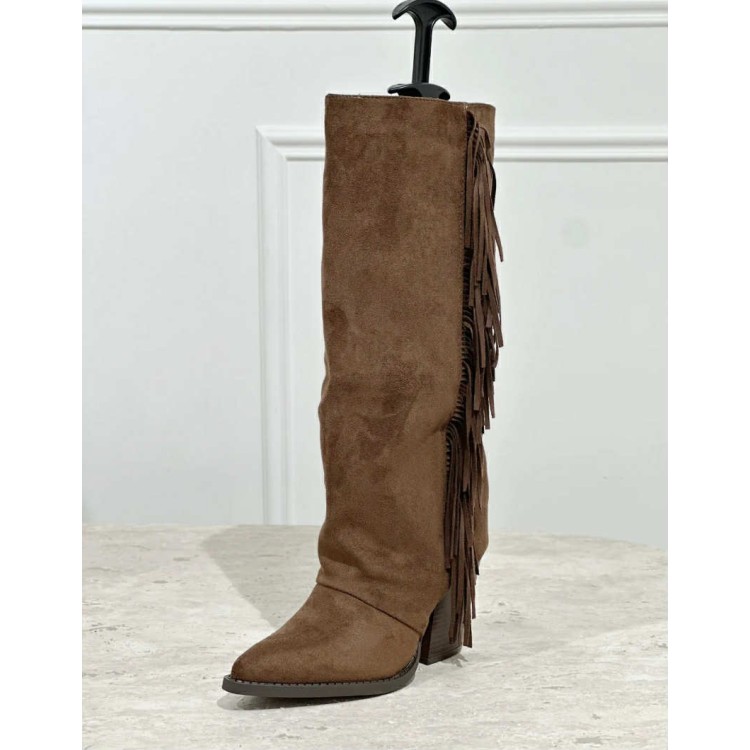 bottes hautes femme western, bottes à franges, bottes taupe femme, bottes confortables
