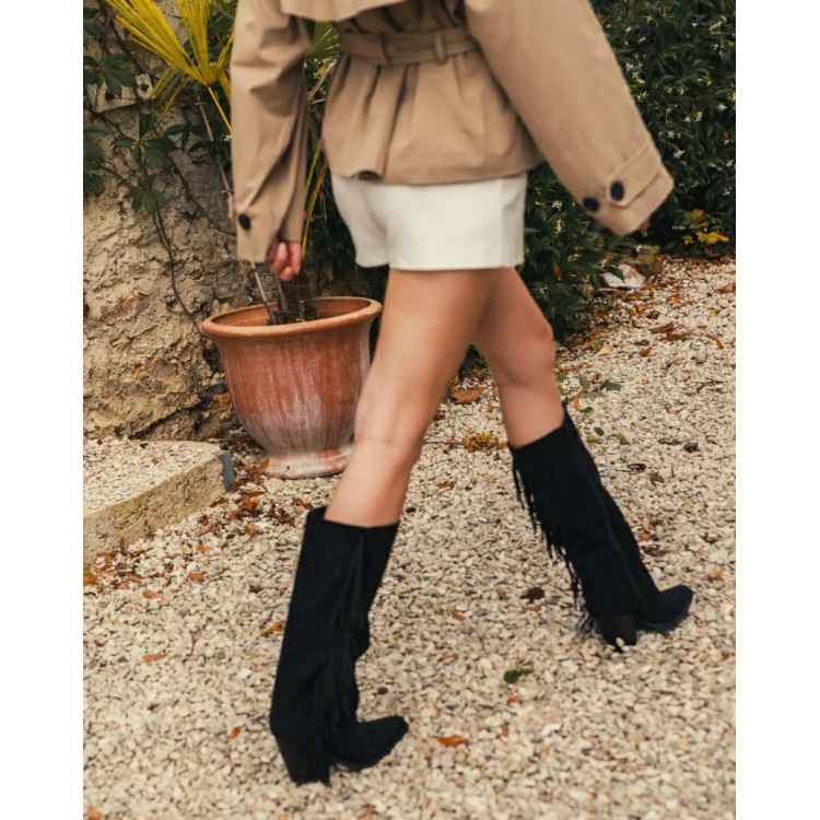 BOTTES HAUTES WESTERN À FRANGES ULTRA CONFORTABLES MISS CLARA NOIR