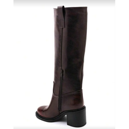 BOTTES HAUTES TALON CARRÉ CONFORTABLE EN SIMILI CUIR LISSE MISS SERENA BORDEAU