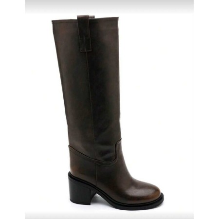BOTTES HAUTES TALON CARRÉ CONFORTABLE EN SIMILI CUIR LISSE MISS SERENA MARRON