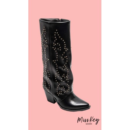 CHAUSSURES FEMME BOTTES HAUTES NOIR CLOUTEE MISS COVA