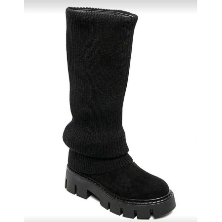Bottes hautes femme en suédine noire façon chaussette