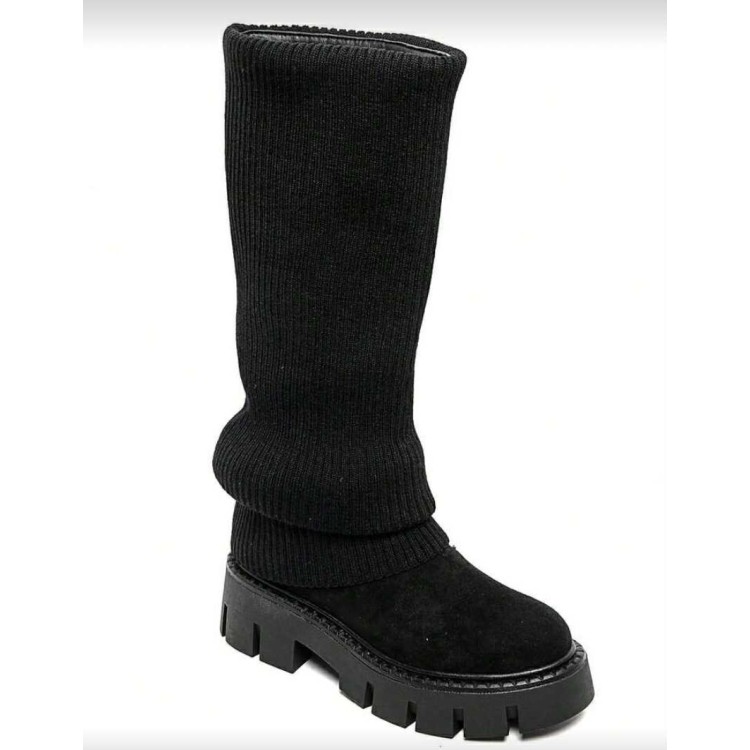 Bottes hautes femme en suédine noire façon chaussette