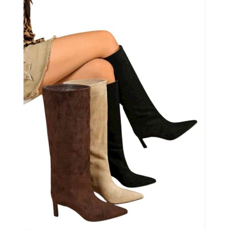bottes hautes femme en suédine talon confort – noir, beige, marron – collection automne hiver 2025 2026
