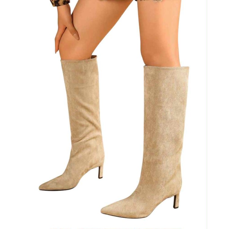 bottes hautes femme en suédine talon confort – noir, beige, marron – collection automne hiver 2025 2026