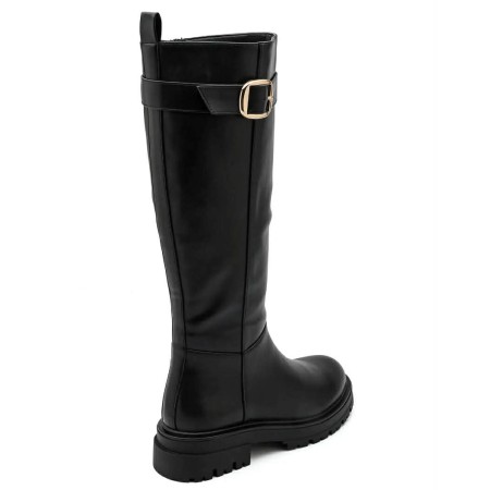 bottes hautes plates femme, bottes cavalière noir, bottes simili cuir boucle mollet, bottes hiver femme,