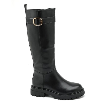 bottes hautes plates femme, bottes cavalière noir, bottes simili cuir boucle mollet, bottes hiver femme,