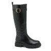 bottes hautes plates femme, bottes cavalière noir, bottes simili cuir boucle mollet, bottes hiver femme,