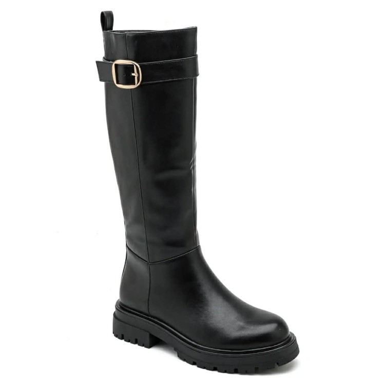 bottes hautes plates femme, bottes cavalière noir, bottes simili cuir boucle mollet, bottes hiver femme,