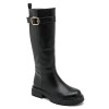 bottes hautes plates femme, bottes cavalière noir, bottes simili cuir boucle mollet, bottes hiver femme,