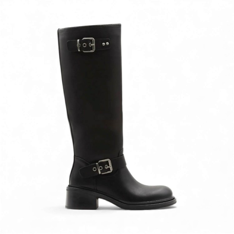 Bottes cavalières hautes en simili cuir noir avec petit talon. Confortables et élégantes pour un style quotidien chic