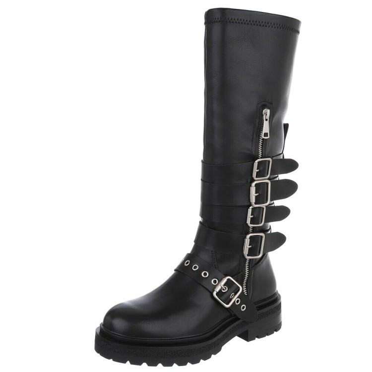 CHAUSSURES FEMME BOTTES HAUTES BIKER BOUCLES ET SANGLES NOIR MISS MARGA