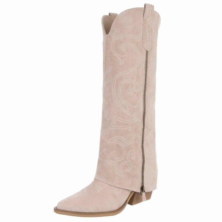 CHAUSSURES FEMME BOTTES HAUTES WESTERN BEIGE ZIP