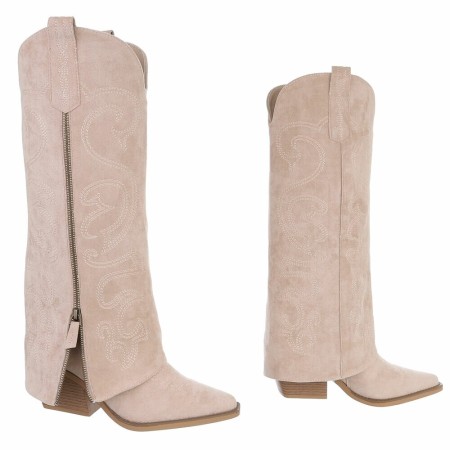 CHAUSSURES FEMME BOTTES HAUTES WESTERN BEIGE ZIP